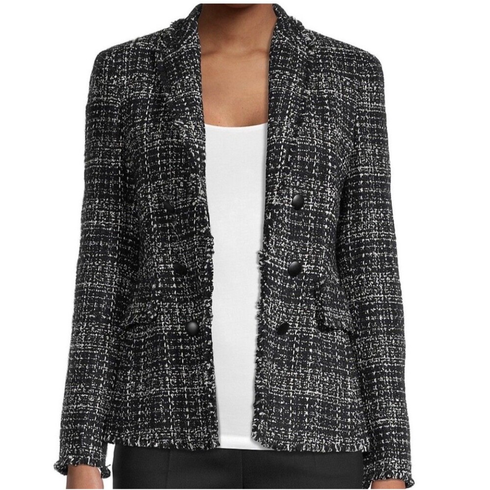 Akris Punto Deep Navy White Black Tweed Mock Double-Breasted Blazer Size 4